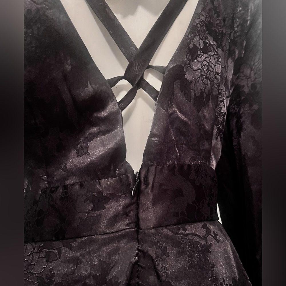 SOLD - Allison & Kelly Gothic Black Brocade Silky Backless Ruffle Mini Dress - Picture 6 of 8